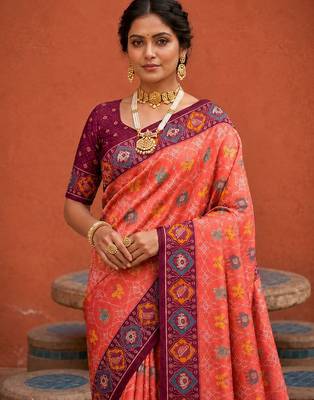 Gajri color patola silk woven meenakari jacquard designer saree for rich traditional saree 3