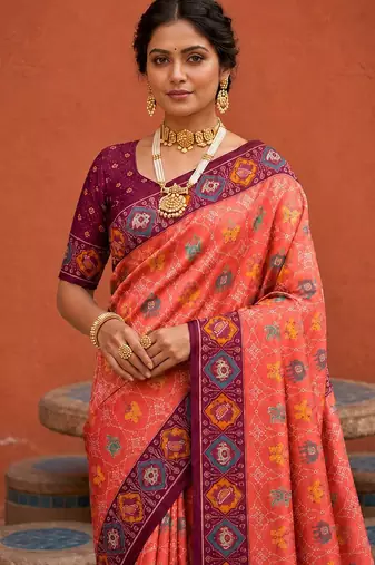 Gajri color patola silk woven meenakari jacquard designer saree for rich traditional saree