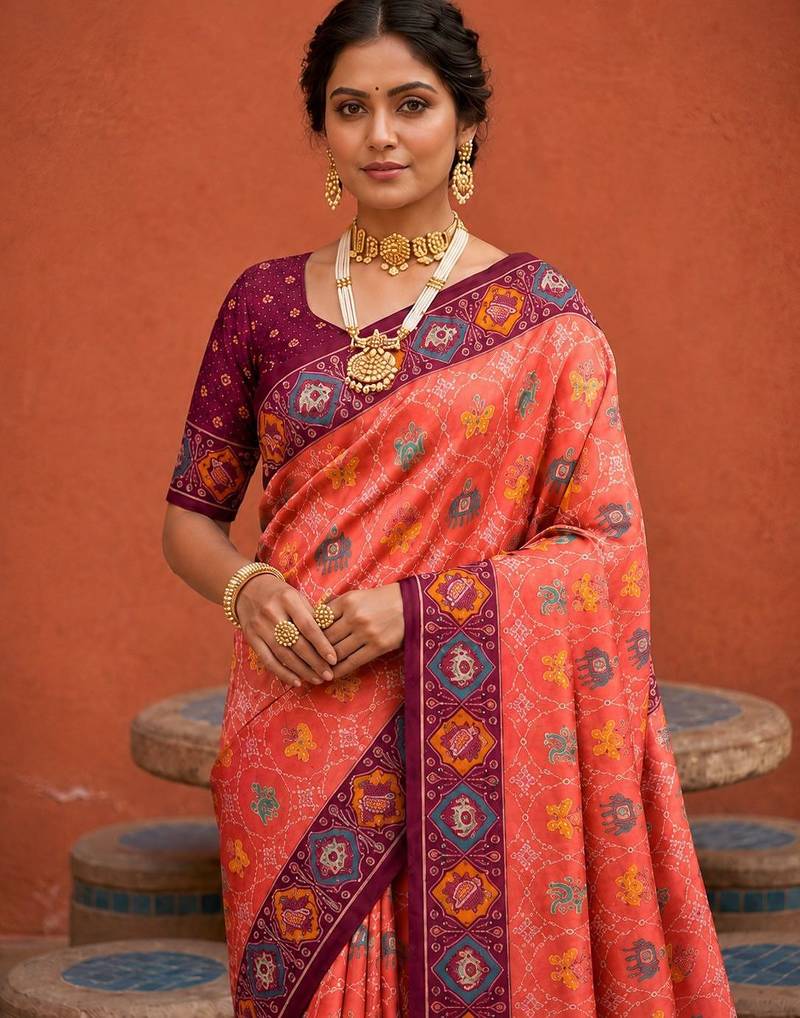 Gajri color patola silk woven meenakari jacquard designer saree for rich traditional saree