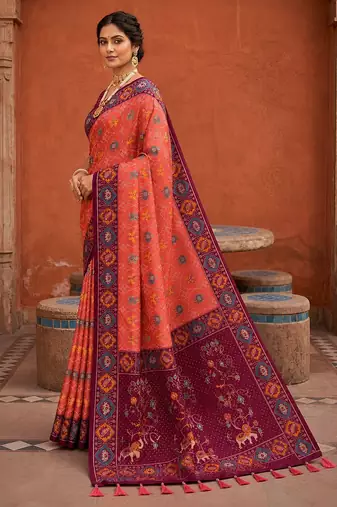 Gajri color patola silk woven meenakari jacquard designer saree for rich traditional saree