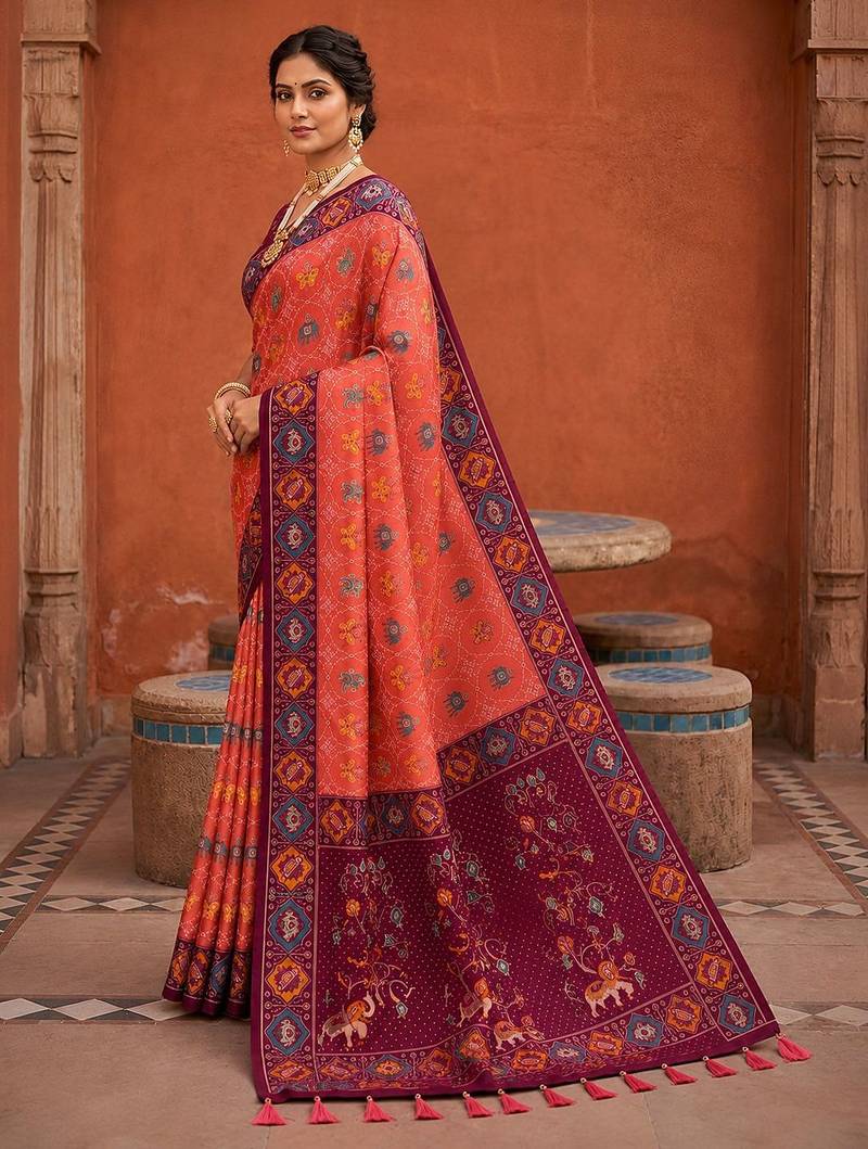 Gajri color patola silk woven meenakari jacquard designer saree for rich traditional saree