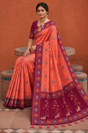Gajri color patola silk woven meenakari jacquard designer saree for rich traditional saree