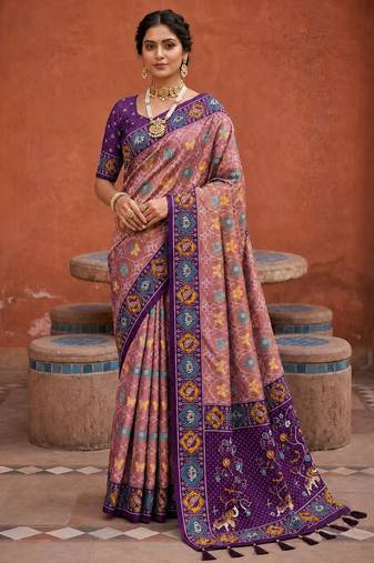 purple color patola silk blend woven meenakari jacquard designer saree for rich traditional saree