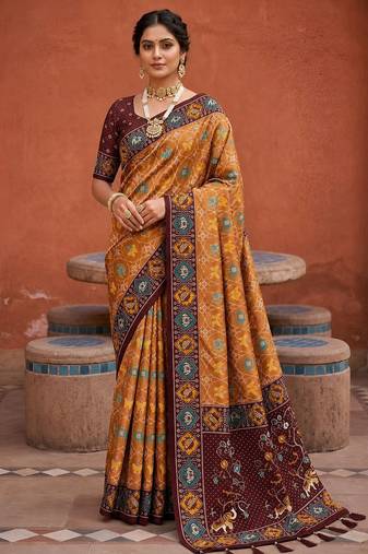 maroon color patola silk blend woven meenakari jacquard designer saree for rich traditional saree