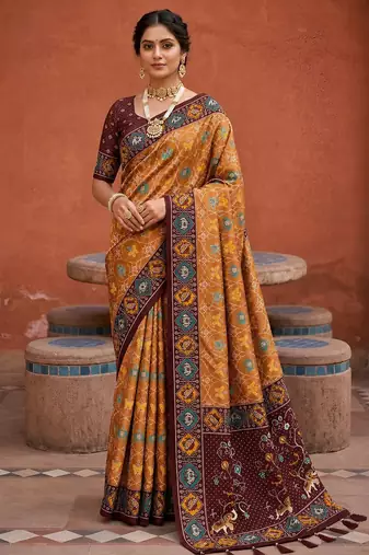 Maroon color patola silk woven meenakari jacquard designer saree for rich traditional saree