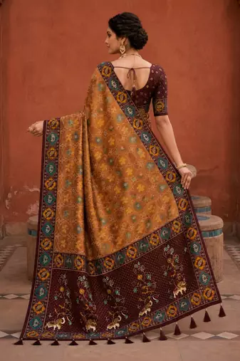 Maroon color patola silk woven meenakari jacquard designer saree for rich traditional saree