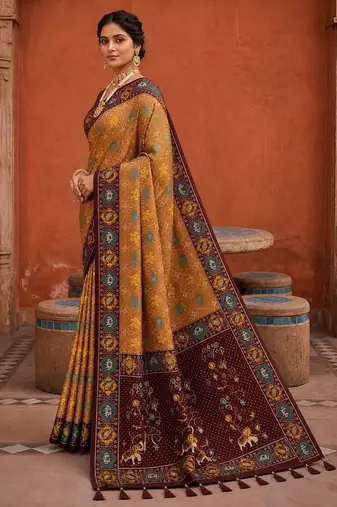 Maroon color patola silk woven meenakari jacquard designer saree for rich traditional saree