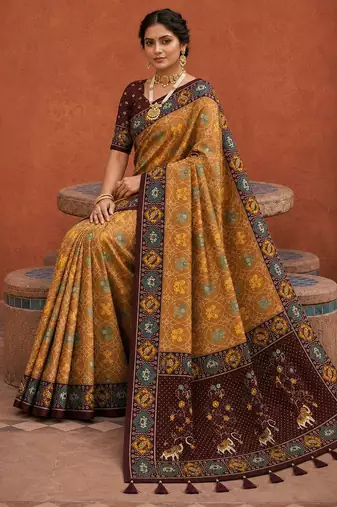 Maroon color patola silk woven meenakari jacquard designer saree for rich traditional saree