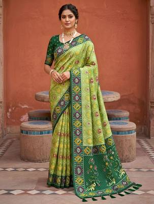green color patola silk blend woven meenakari jacquard designer saree for rich traditional saree 1