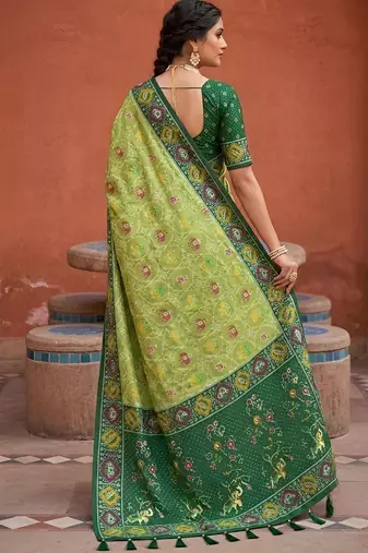 green color patola silk blend woven meenakari jacquard designer saree for rich traditional saree