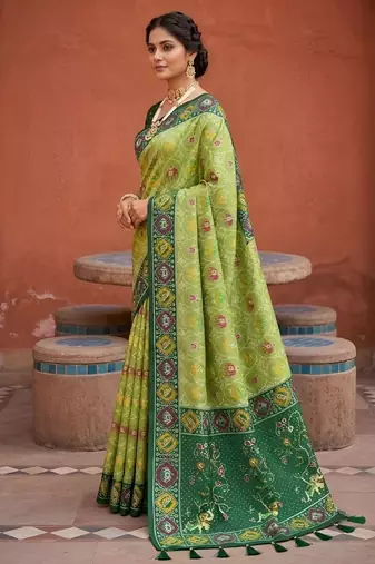 green color patola silk blend woven meenakari jacquard designer saree for rich traditional saree