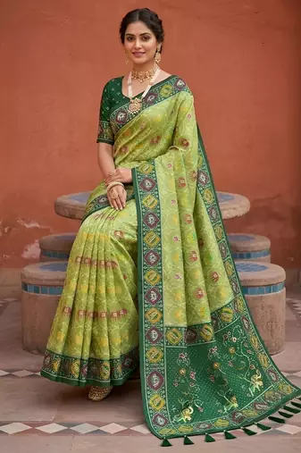 green color patola silk blend woven meenakari jacquard designer saree for rich traditional saree