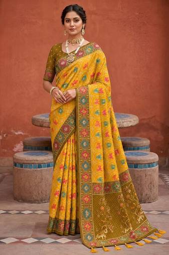 yellow color patola silk blend woven meenakari jacquard designer saree for rich traditional saree