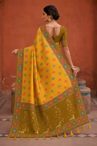 Yellow color patola silk woven meenakari jacquard designer saree for rich traditional saree