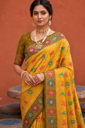 Yellow color patola silk woven meenakari jacquard designer saree for rich traditional saree