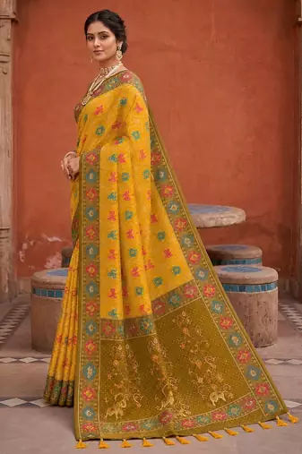 Yellow color patola silk woven meenakari jacquard designer saree for rich traditional saree
