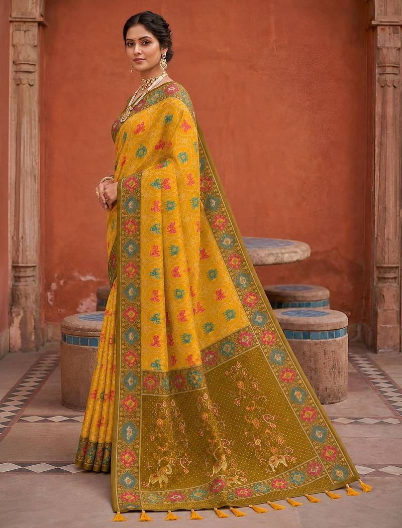 Yellow color patola silk woven meenakari jacquard designer saree for rich traditional saree