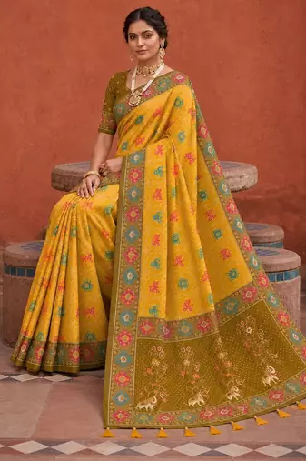 Yellow color patola silk woven meenakari jacquard designer saree for rich traditional saree