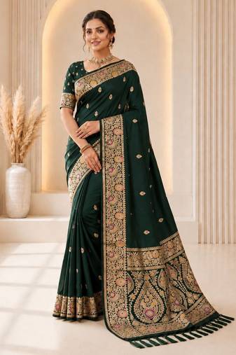 green color banarasi silk blend fabric woven jacquard designer partywear saree