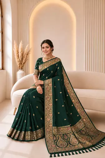 Green color banarasi silk fabric woven jacquard designer partywear saree