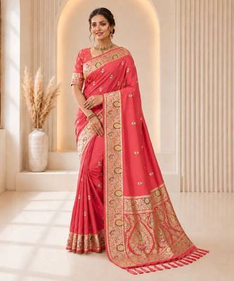 Pink color banarasi silk fabric woven jacquard designer partywear saree 1