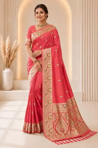 Pink color banarasi silk fabric woven jacquard designer partywear saree