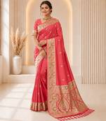 Pink color banarasi silk fabric woven jacquard designer partywear saree