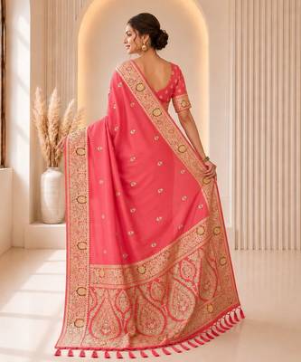 Pink color banarasi silk fabric woven jacquard designer partywear saree 2