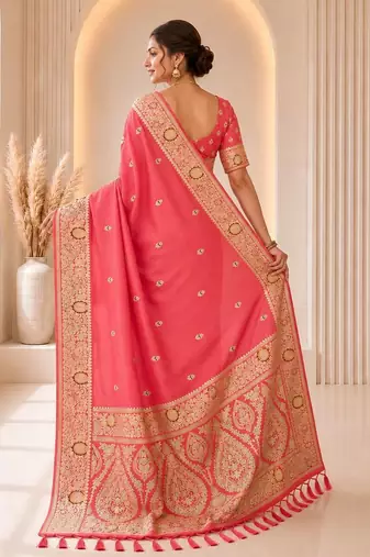 Pink color banarasi silk fabric woven jacquard designer partywear saree