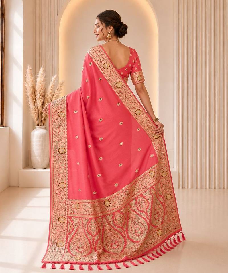 Pink color banarasi silk fabric woven jacquard designer partywear saree
