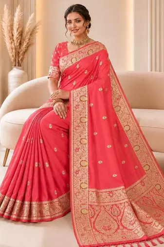 Pink color banarasi silk fabric woven jacquard designer partywear saree