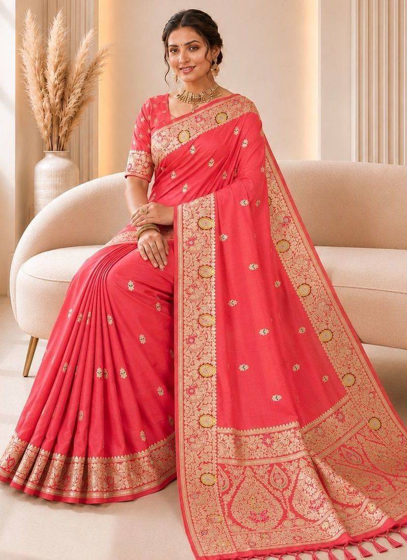 Pink color banarasi silk fabric woven jacquard designer partywear saree