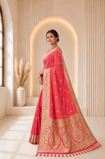 Pink color banarasi silk fabric woven jacquard designer partywear saree