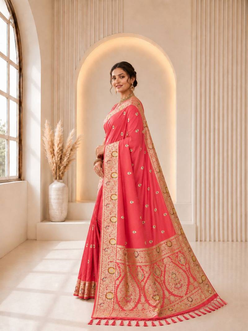 Pink color banarasi silk fabric woven jacquard designer partywear saree