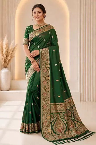 Green color banarasi silk fabric woven jacquard designer partywear saree