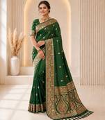 Green color banarasi silk fabric woven jacquard designer partywear saree