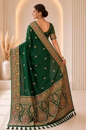 Green color banarasi silk fabric woven jacquard designer partywear saree