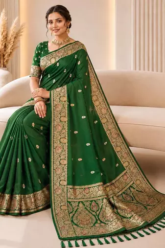 Green color banarasi silk fabric woven jacquard designer partywear saree