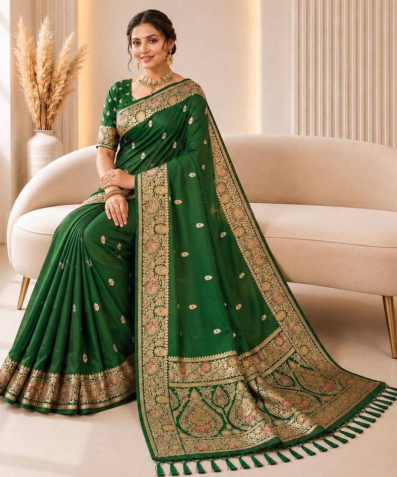 Green color banarasi silk fabric woven jacquard designer partywear saree