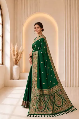 Green color banarasi silk fabric woven jacquard designer partywear saree