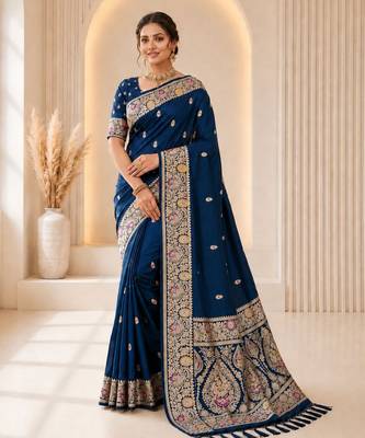 Blue color banarasi silk fabric woven jacquard designer partywear saree 1