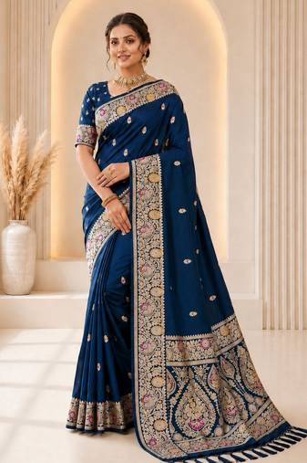 blue color banarasi silk blend fabric woven jacquard designer partywear saree