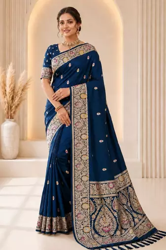 Blue color banarasi silk fabric woven jacquard designer partywear saree