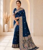 Blue color banarasi silk fabric woven jacquard designer partywear saree