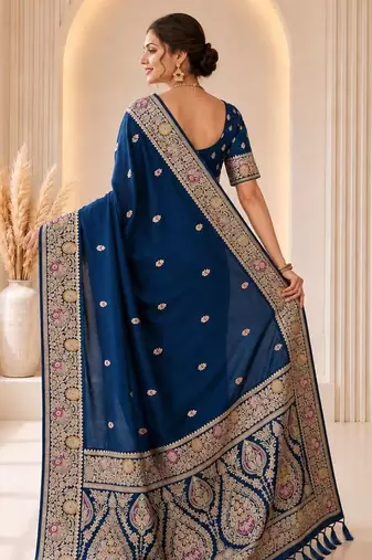 Blue color banarasi silk fabric woven jacquard designer partywear saree