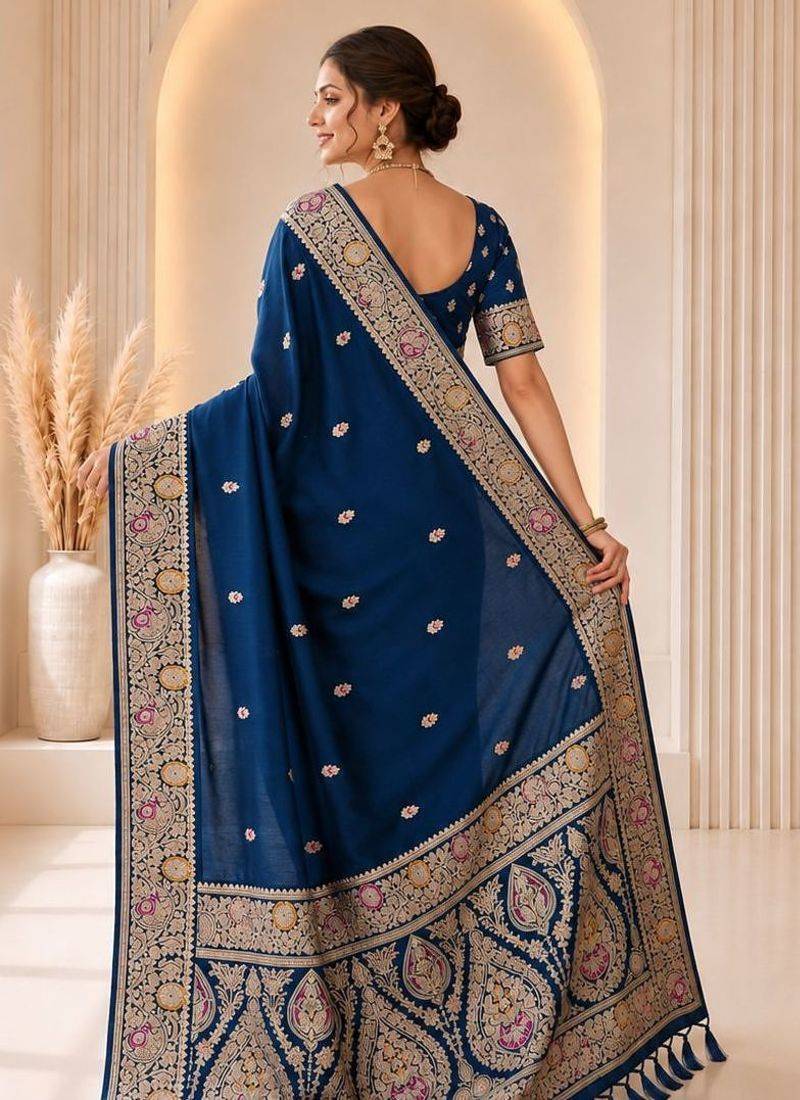 Blue color banarasi silk fabric woven jacquard designer partywear saree