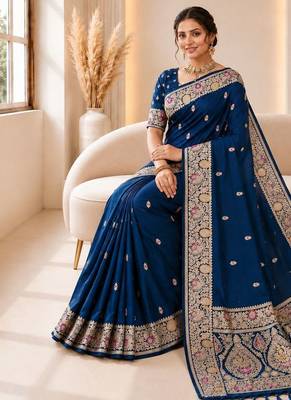 Blue color banarasi silk fabric woven jacquard designer partywear saree 3