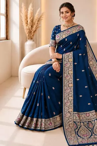 Blue color banarasi silk fabric woven jacquard designer partywear saree