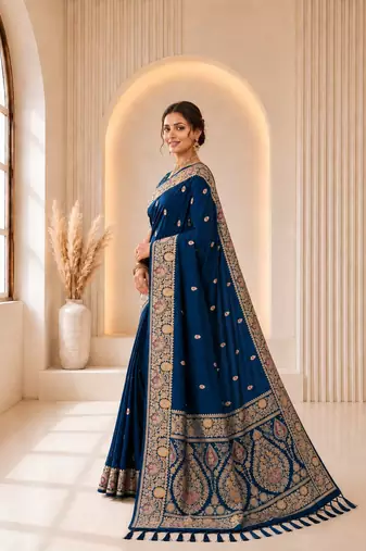 Blue color banarasi silk fabric woven jacquard designer partywear saree
