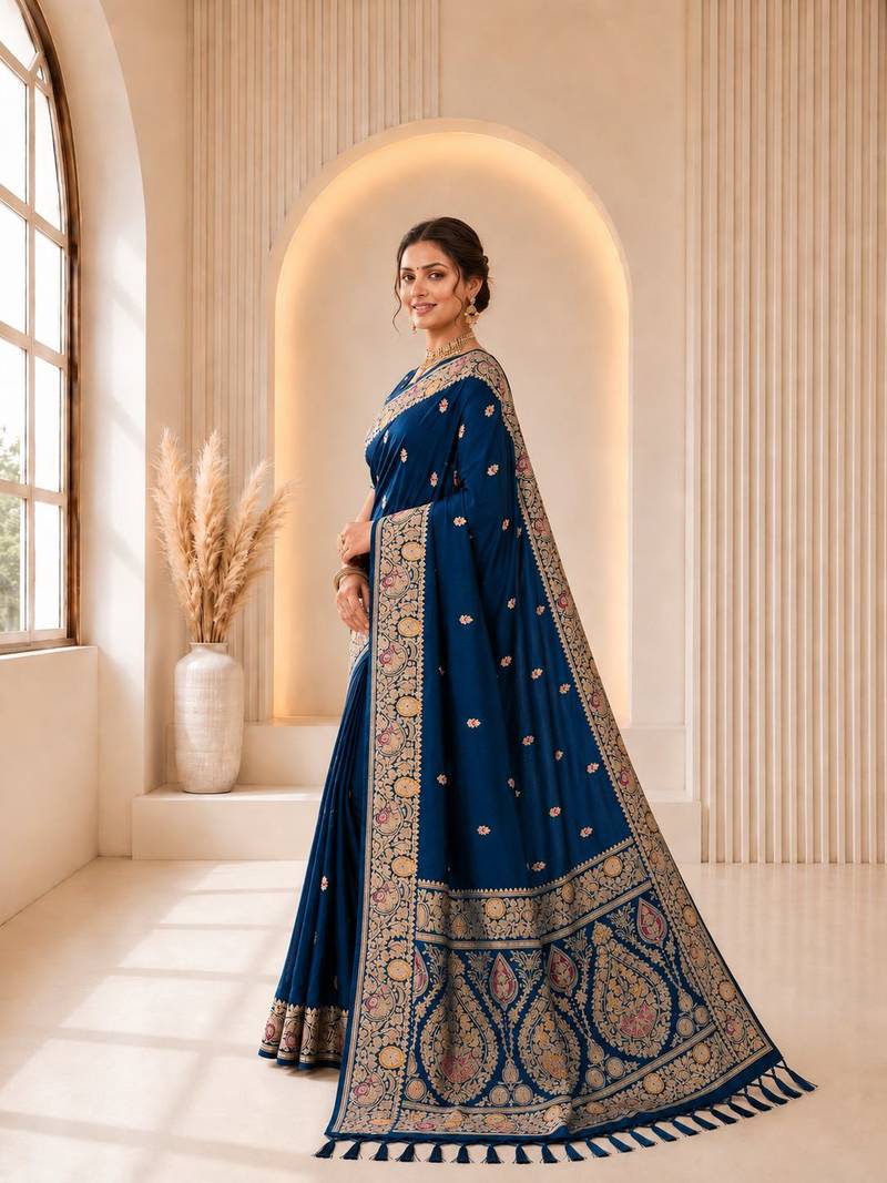 Blue color banarasi silk fabric woven jacquard designer partywear saree